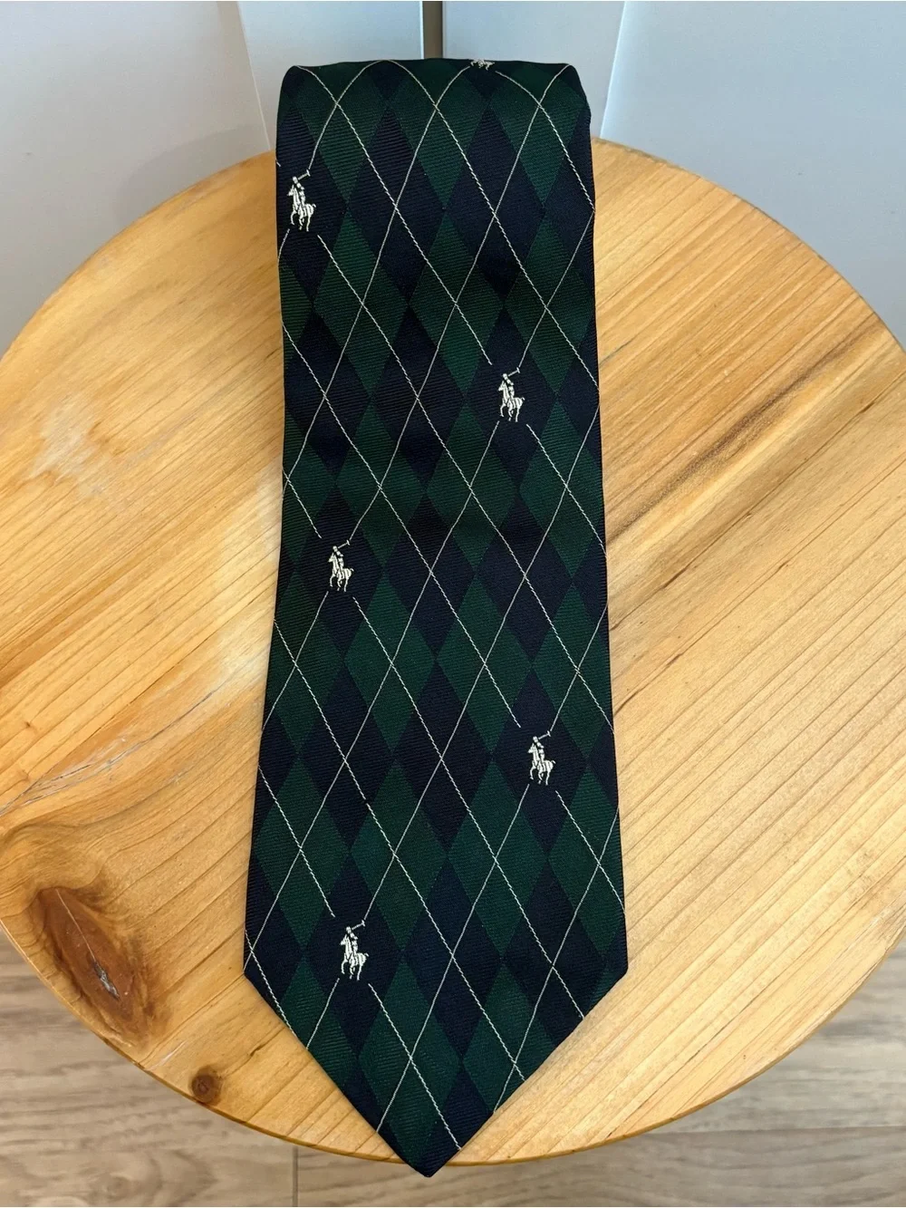 Vintage Polo Ralph Lauren Silk Tie Green Blue Argyle Plaid Embroidered Pony 90s